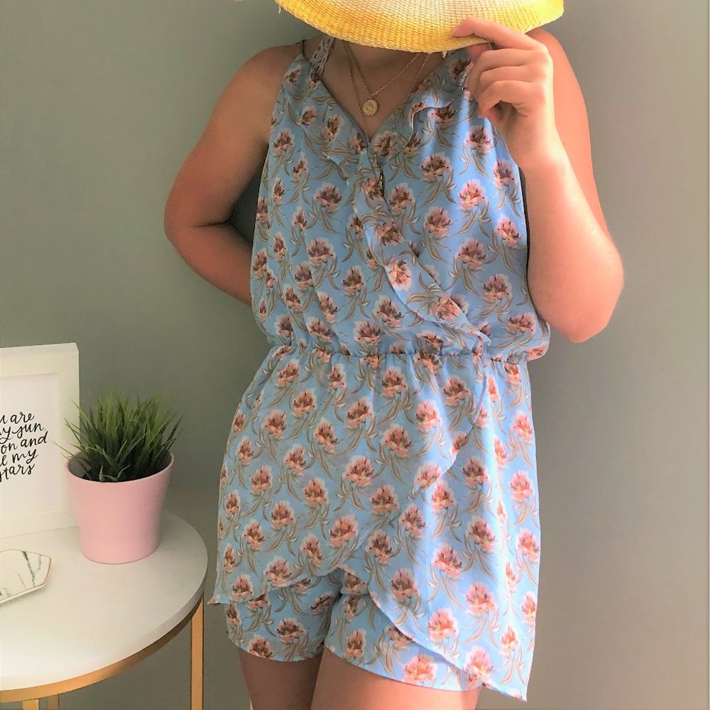 Light Blue Floral Wrap Romper